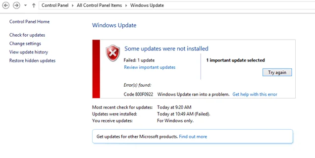 Reparar el error de actualización de Windows 10 800F0922
