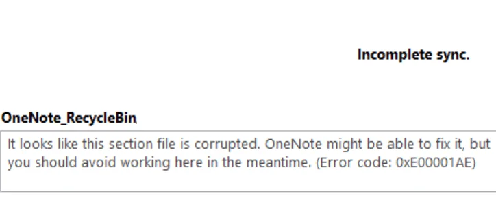 Código de error de OneNote 0xE00001AE - Fijar