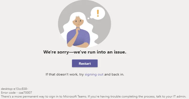 Solução de problemas de erro do Microsoft Teams caa70007