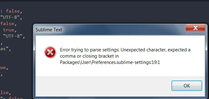 Corrigir erro de texto sublime ao tentar analisar as configurações