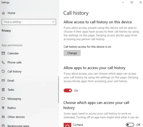 Windows 10: bloquear aplicaciones para que no accedan al historial de llamadas