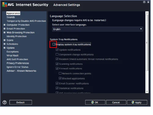 Desativar notificações pop-up do AVG