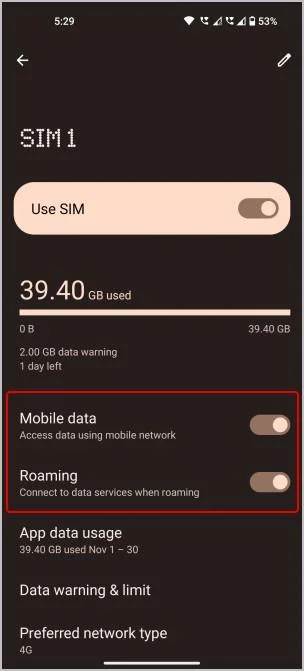 membolehkan data mudah alih dan perayauan pada telefon android