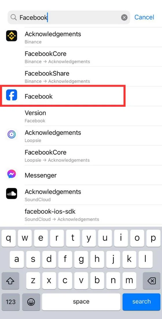 iOS 휴대폰 설정 검색창 Facebook 앱