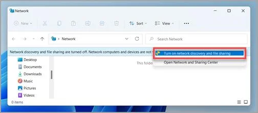 Windows 11의 네트워크 창에 있는 네트워크 및 파일 공유 프롬프트.
