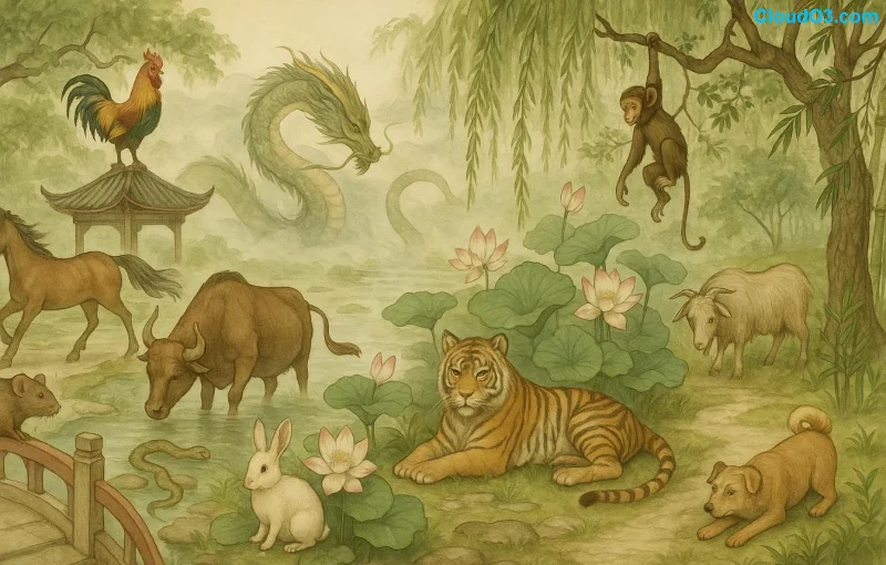Illustration légendaire de la course des 12 animaux du zodiaque chinois, secrets ancestraux révélés