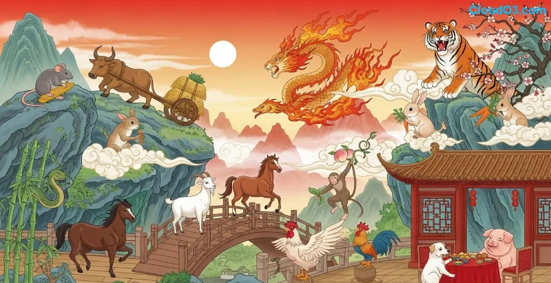 Illustration astrologie chinoise 2026 Lapin et Cheval de Feu harmonie élégante