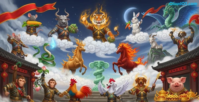 Illustration mythique de la course des 12 animaux du zodiaque chinois