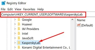 레지스트리 편집기에서 KasperskyLab 키 삭제