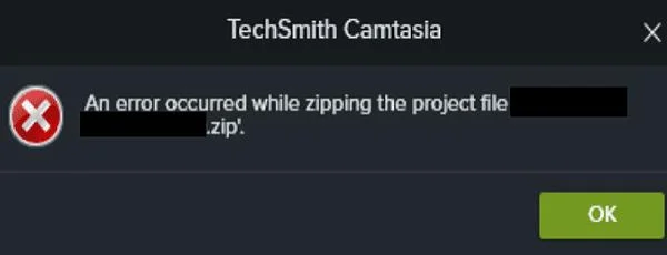 Camtasia: ocorreu um erro ao compactar o arquivo do projeto