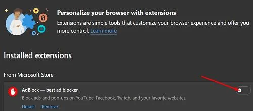 Deshabilitar extensiones en Microsoft Edge