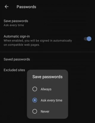 Voorkom dat Opera voor Android vraagt ​​om uw wachtwoorden op te slaan
