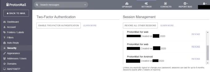 Protonmail：古いセッションを取り消す方法