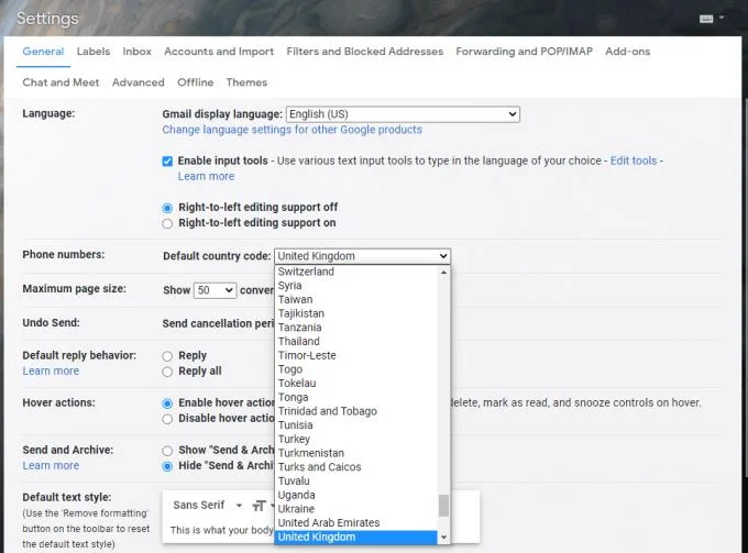 Gmail：電話番号のデフォルトの国コードを変更する方法