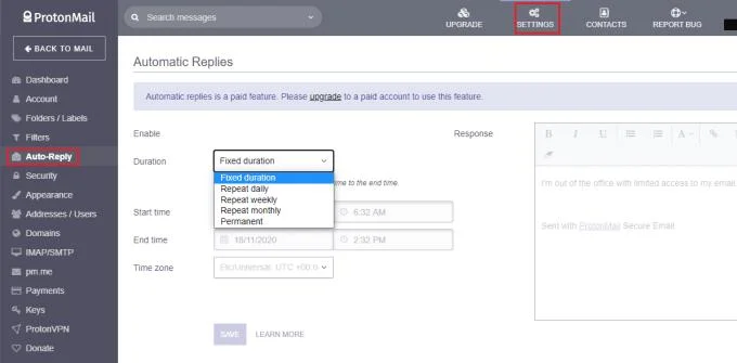 ProtonMail: Jak skonfigurować automatyczną odpowiedź