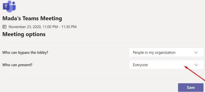 Microsoft Teams 화면 공유 허용 설정