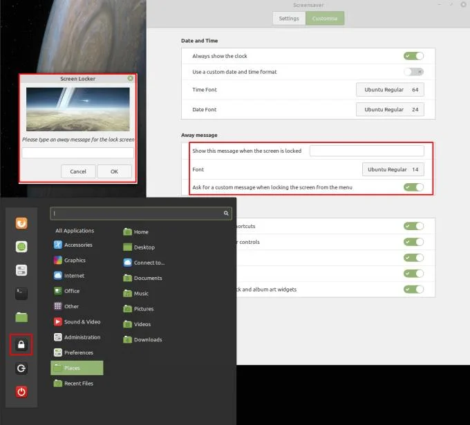 Linux Mint: de klok en een afwezigheidsbericht op het vergrendelscherm weergeven