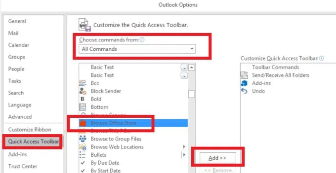 Outlook Store 버튼이 표시되지 않는 문제 해결