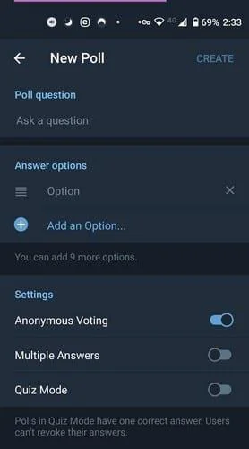 Options de sondage sur Telegram