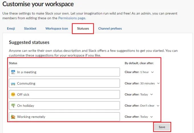 Slack: Como alterar o status sugerido para o espaço de trabalho '