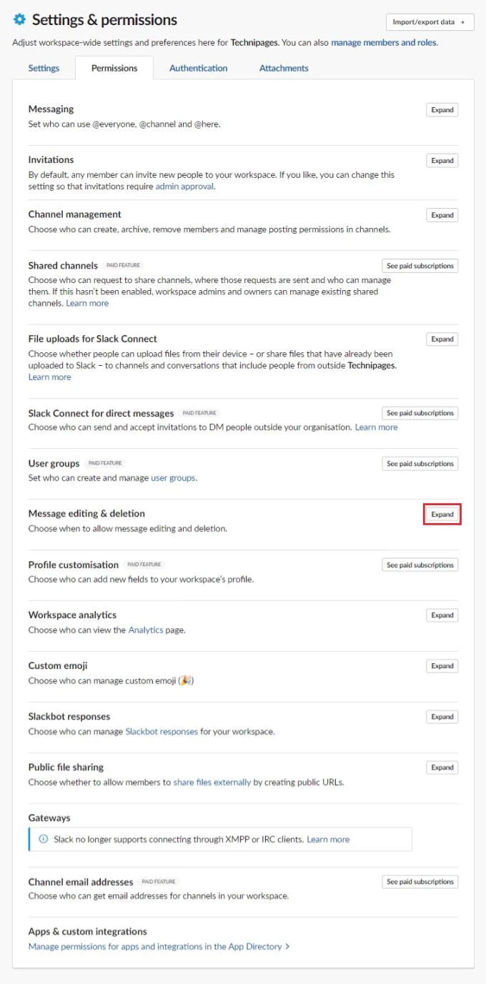 Slack：メッセージ権限設定