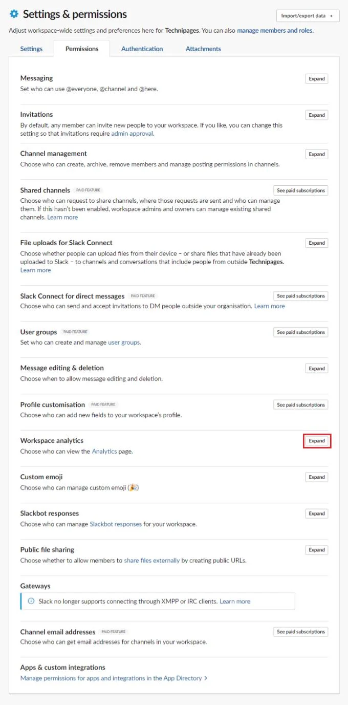 Slack: Jak skonfigurować, kto może wyświetlać analizę obszaru roboczego