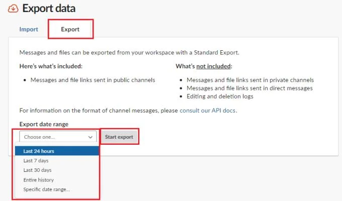 Slack：エクスポートの操作