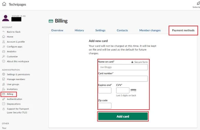 Slack: como salvar detalhes de pagamento para faturamento do espaço de trabalho
