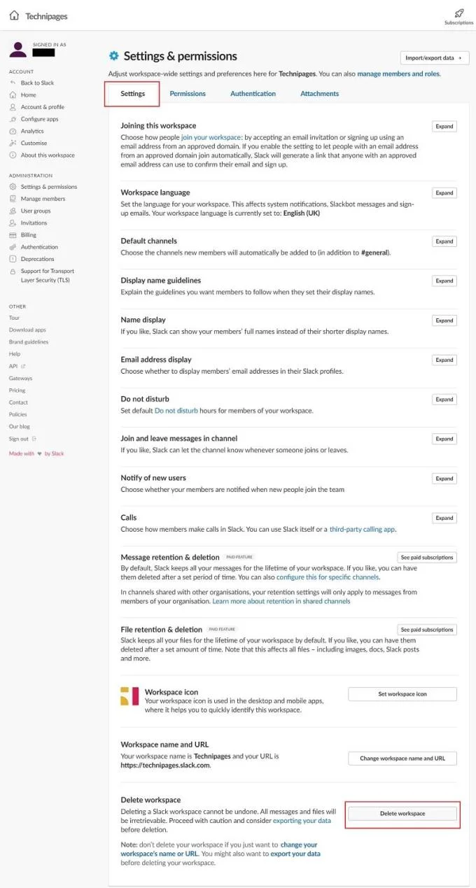 Slack: Jak usunąć obszar roboczy
