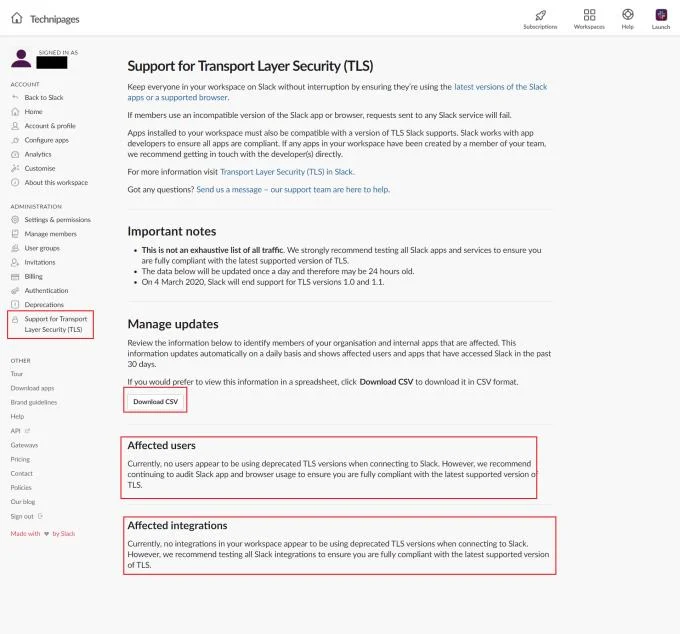 Slack: Jak sprawdzić, czy żaden użytkownik ani integracja nie korzysta z przestarzałych zabezpieczeń TLS