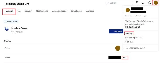 Dropbox：表示名を変更する