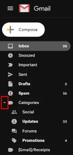 Gmail: Pokaż/Ukryj foldery w lewym menu