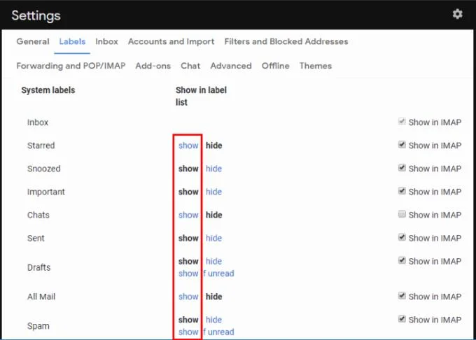 Gmail: Pokaż/Ukryj foldery w lewym menu