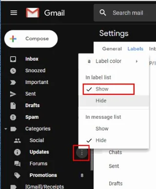 Gmail: Pokaż/Ukryj foldery w lewym menu