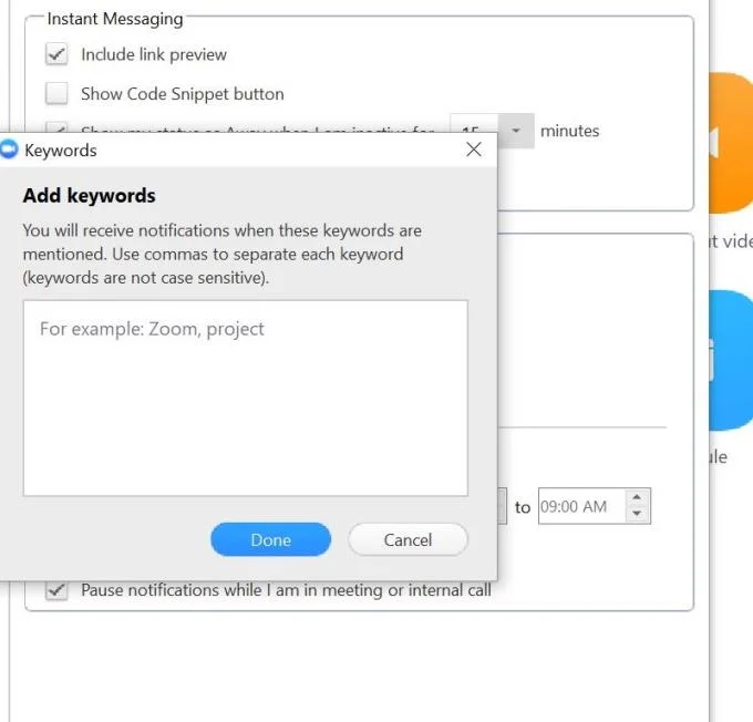 Definição de notificações de palavras-chave em bate-papos com zoom