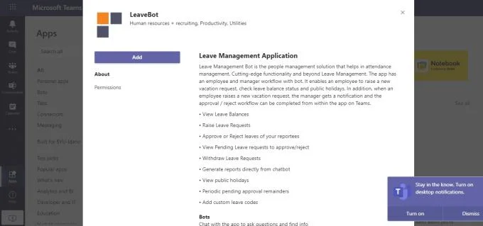 Integrando o LeaveBot em sua conta do Microsoft Teams