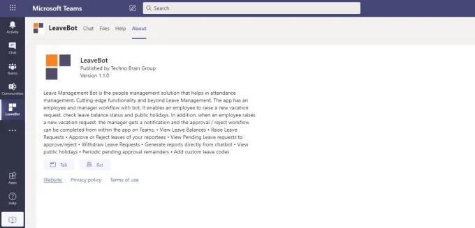 Integrando o LeaveBot em sua conta do Microsoft Teams