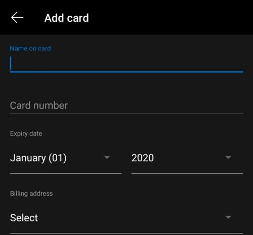 Edge dla Androida: dodaj szczegóły karty kredytowej do autouzupełniania