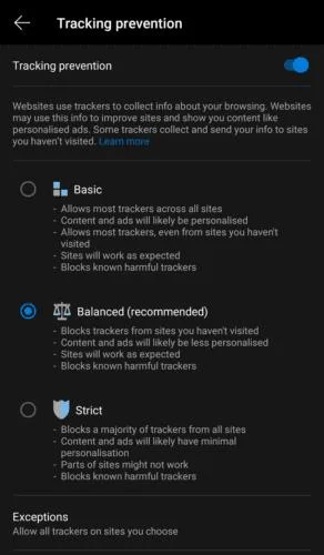 Edge cho Android: Cách định cấu hình chặn trình theo dõi