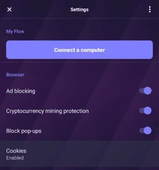 Opera Touch: configurar preferencias de cookies