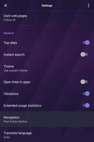 Opera Touch: Włącz funkcję szybkiej nawigacji