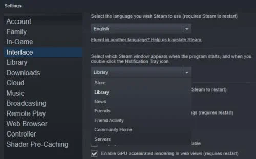 如何更改啟動 Steam 時打開的頁面
