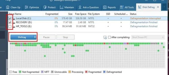 Como desfragmentar apenas unidades específicas no BootSpeed ​​11