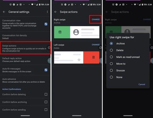 Android 10: veegacties in Gmail wijzigen