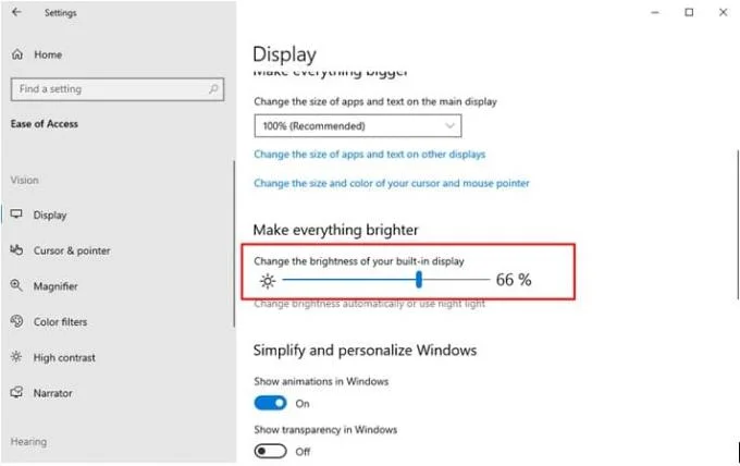 Thay đổi độ sáng màn hình trong Windows 10