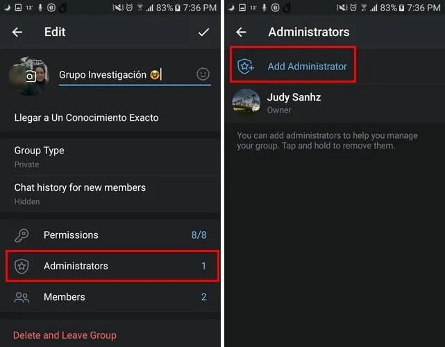 Dodawanie administratora w grupie Telegram