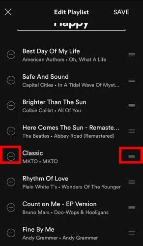 Rimozione brani playlist Android
