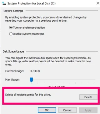 Windows 10：空きディスク容量への復元ポイントの削除