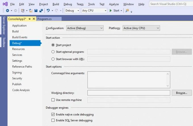 Visual Studio: ativar / desativar depuração de código nativo