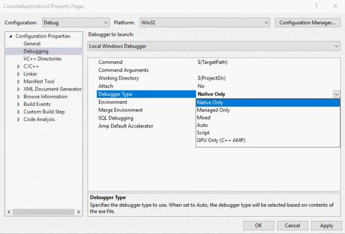 Visual Studio: ativar / desativar depuração de código nativo